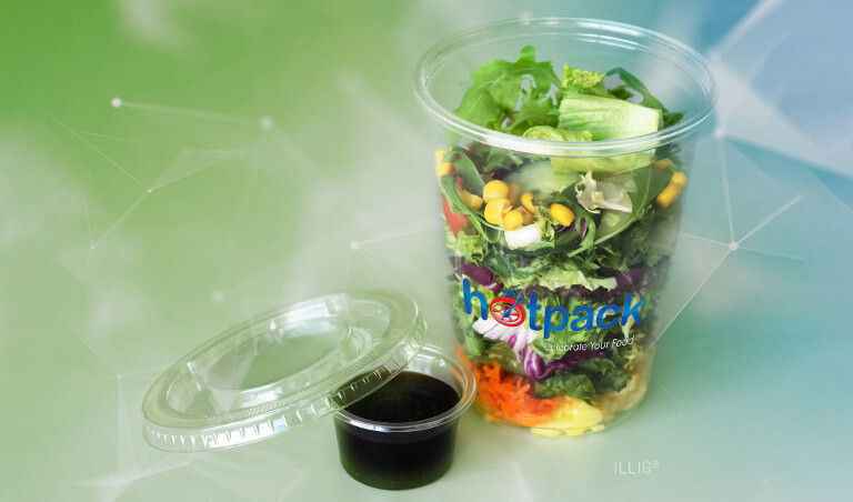 Tricky cup-in-cup system from ILLIG for salad containers with dressing. | © ILLIG Maschinenbau GmbH Tricky cup-in-cup system from ILLIG for salad containers with dressing. | © ILLIG Maschinenbau GmbH